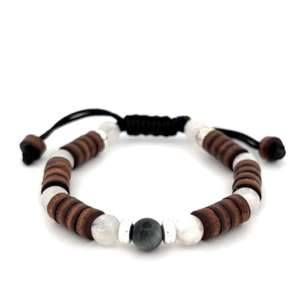 Preview: LeatherPearl Makramee-Armband mit Falkenauge und Mondstein